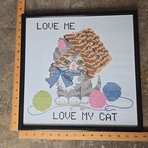 VTG‎ Cat Cross Stitch Wall Art Framed 15x15 Yarn Bow Hat Kitten Embroidery 1987